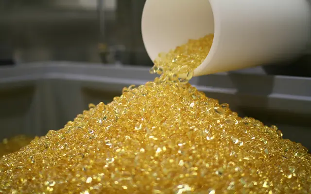 Gyldne softgel-kapsler helles ut av en beholder under produksjon.